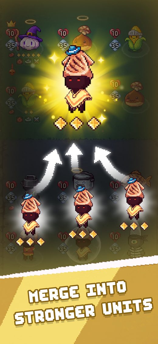 Three identical units combining into one upgraded unit. Caption: merge into stronger units.