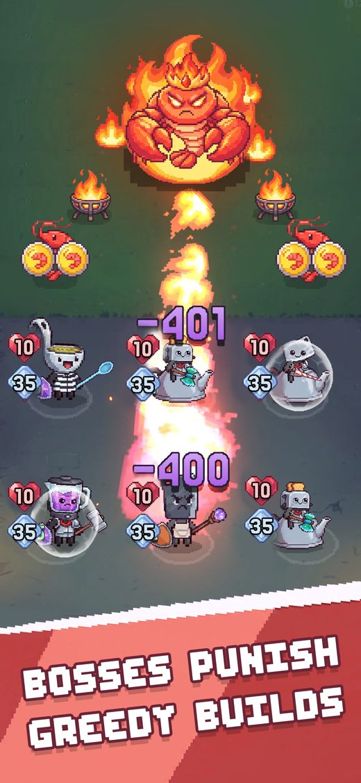 A flame boss hitting a board for heavy damage. Caption: bosses punish greedy builds.